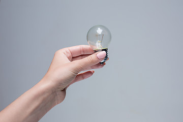 Image showing Hand holding an incandescent light bulb on gray background