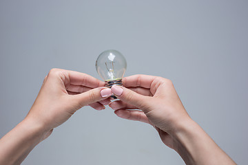 Image showing Hands holding an incandescent light bulb on gray background