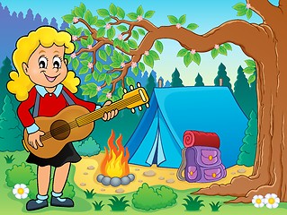 Image showing Girl guitar player in campsite theme 2