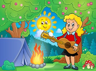 Image showing Girl guitar player in campsite theme 1