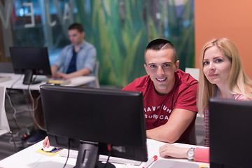 Image showing technology students group working in computer lab school  classr