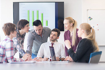 Image showing young business people group on meeting at modern office