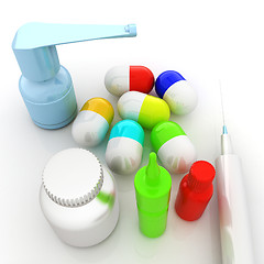 Image showing Syringe, tablet, pill jar. 3D illustration