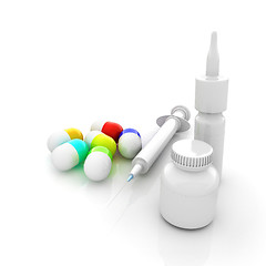 Image showing Syringe, tablet, pill jar. 3D illustration