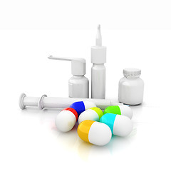 Image showing Syringe, tablet, pill jar. 3D illustration