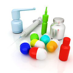 Image showing Syringe, tablet, pill jar. 3D illustration