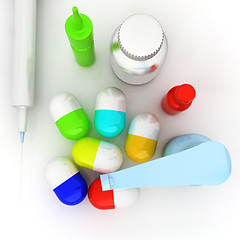 Image showing Syringe, tablet, pill jar. 3D illustration