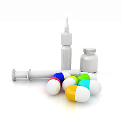 Image showing Syringe, tablet, pill jar. 3D illustration