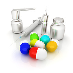 Image showing Syringe, tablet, pill jar. 3D illustration