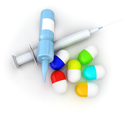 Image showing Syringe, tablet, pill jar. 3D illustration