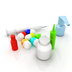 Image showing Syringe, tablet, pill jar. 3D illustration