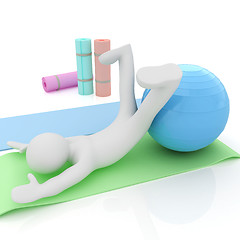 Image showing 3d man on a karemat with fitness ball. 3D illustration