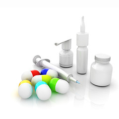 Image showing Syringe, tablet, pill jar. 3D illustration