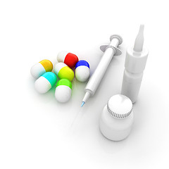 Image showing Syringe, tablet, pill jar. 3D illustration