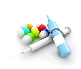 Image showing Syringe, tablet, pill jar. 3D illustration