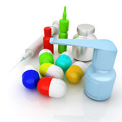 Image showing Syringe, tablet, pill jar. 3D illustration