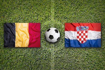 Image showing Belgium vs. Croatia flags on soccer field