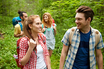 Image showing group of smiling friends with backpacks hiking