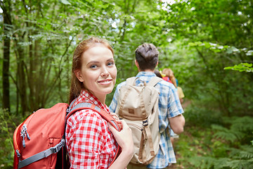 Image showing group of smiling friends with backpacks hiking