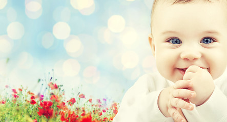 Image showing beautiful happy baby over poppy field background