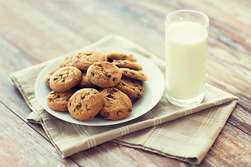 Image showing close up of chocolate oatmeal cookies and milk