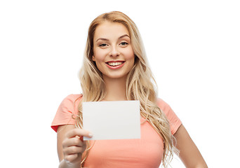 Image showing happy woman or teen girl with blank white paper