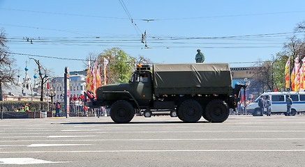 Image showing Military transportation on its back way after Victory Day Parade