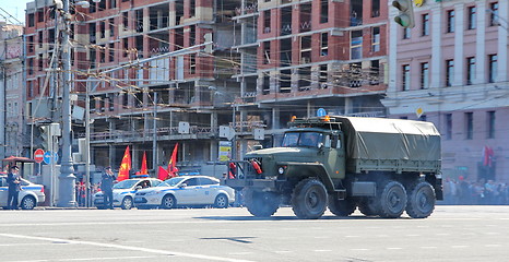 Image showing Military transportation on its back way after Victory Day Parade