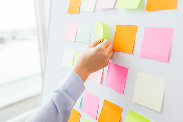 Image showing close up of hand pointing to sticker on flip chart