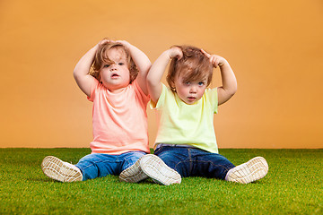 Image showing Happy funny girl twins sisters playing and laughing