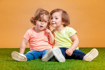 Image showing Happy funny girl twins sisters playing and laughing