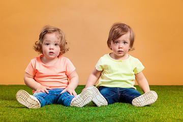 Image showing Happy funny girl twins sisters playing and laughing