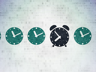 Image showing Timeline concept: alarm clock icon on Digital Data Paper background