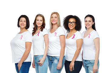 Image showing happy women with breast cancer awareness ribbons