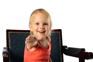 Image showing little girl offer hand to audience