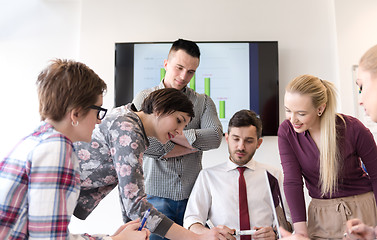 Image showing young business people group on meeting at modern office