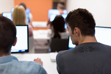 Image showing technology students group working  in computer lab school  class