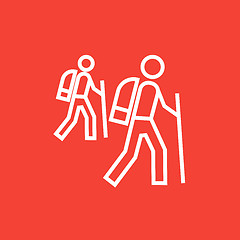 Image showing Tourist backpackers line icon.