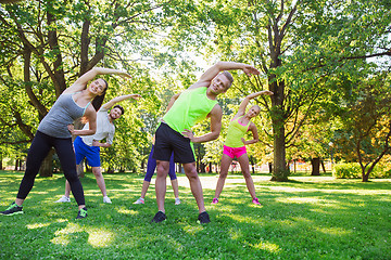 Image showing group of friends or sportsmen exercising outdoors