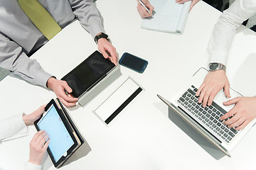 Image showing aerial view of business people group brainstorming on meeting