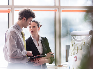 Image showing young couple working on flip board at office