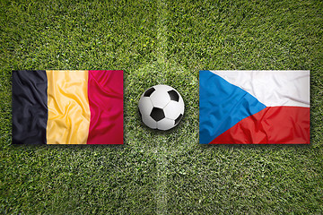 Image showing Belgium vs. Czech Republic flags on soccer field