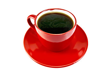 Image showing Coffee in red cup on saucer