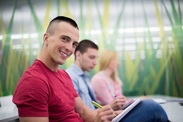 Image showing male student taking notes in classroom