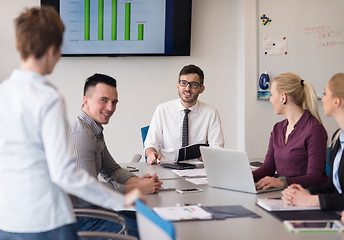 Image showing young business people group on team meeting at modern office