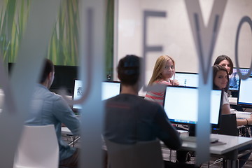 Image showing technology students group working  in computer lab school  class