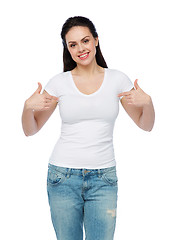 Image showing happy young woman or teenage girl in white t-shirt