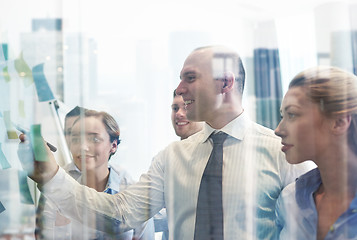 Image showing smiling business people with marker and stickers