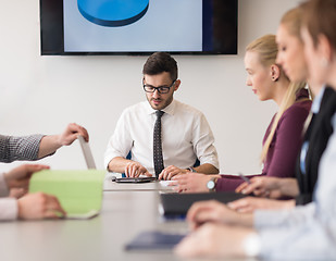 Image showing young business people group on team meeting at modern office