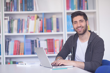 Image showing student in school library using laptop for research